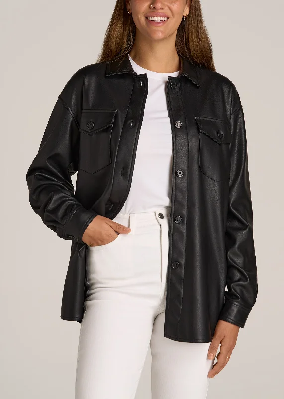 Sophisticated Style Faux Leather Shirt Jacket for Tall Women in Black