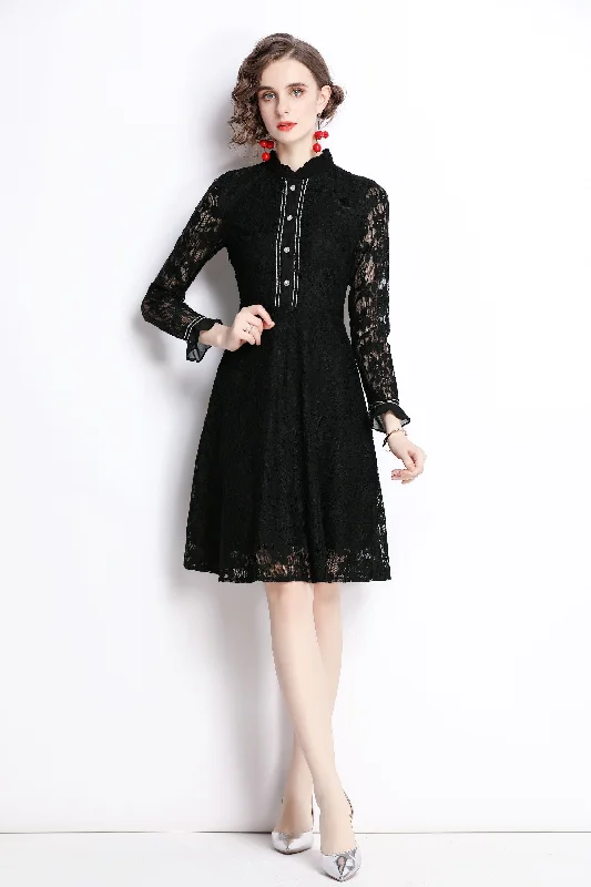 Limited Styles Black Cocktail A-line Crewneck Long Sleeve Above Knee Lace Dress
