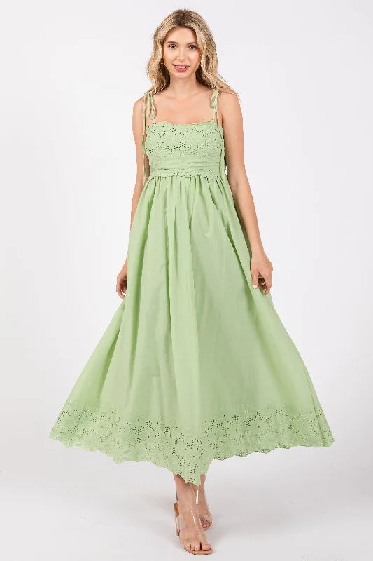 Limited Stock, Grab Yours Today Mint Green Eyelet Floral Shoulder Tie Dress